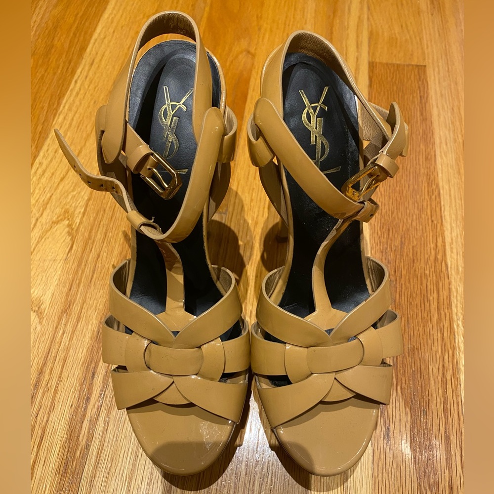 YSL tribute heeled platform sandal nude beige
